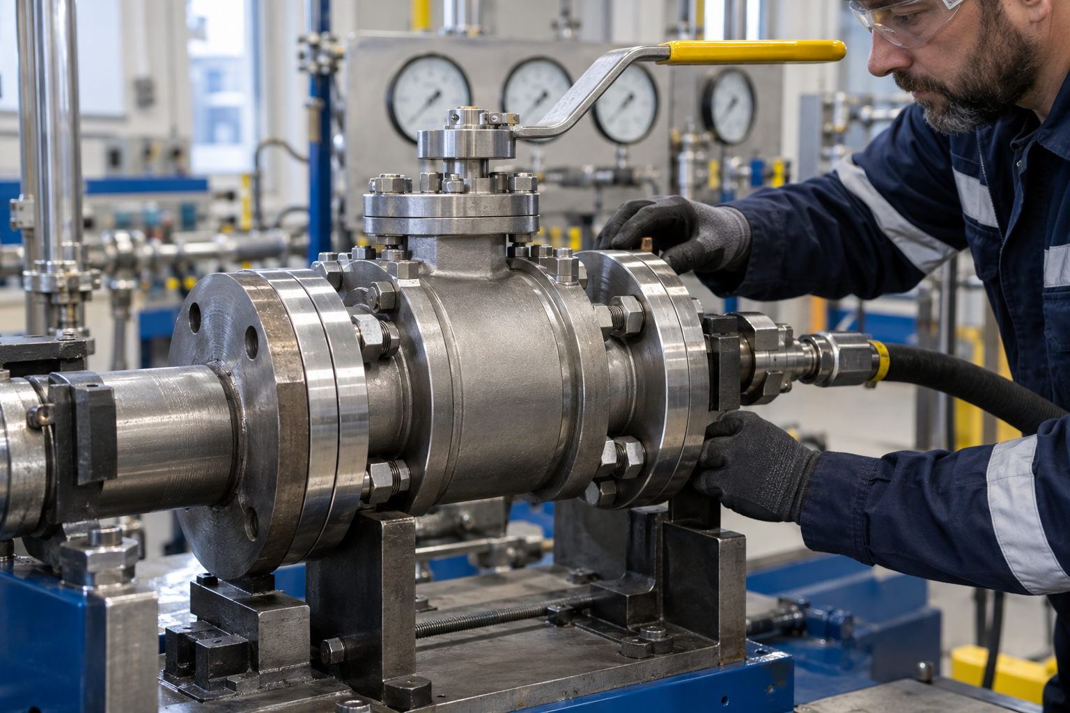 Kugelhahn auf einem Prüfstand mit Manometern, ein Mitarbeiter mit Schutzbrille und Handschuhen schliesst die Prüfleitung an